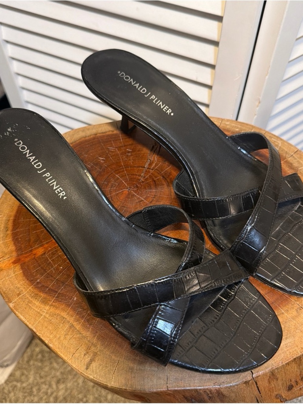 Donald J. Pliner Black Croc-Embossed Heeled Slide Mules